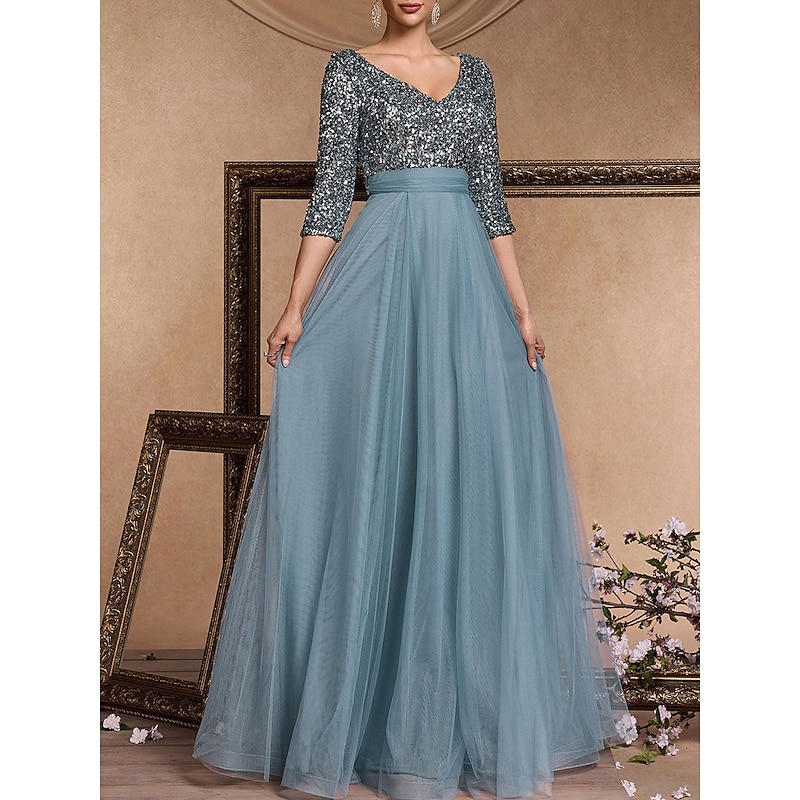 A-Line Evening Gown Elegant Dress Formal Wedding Floor Length 3/4 Length Sleeve V Neck Sequined with Sequin3