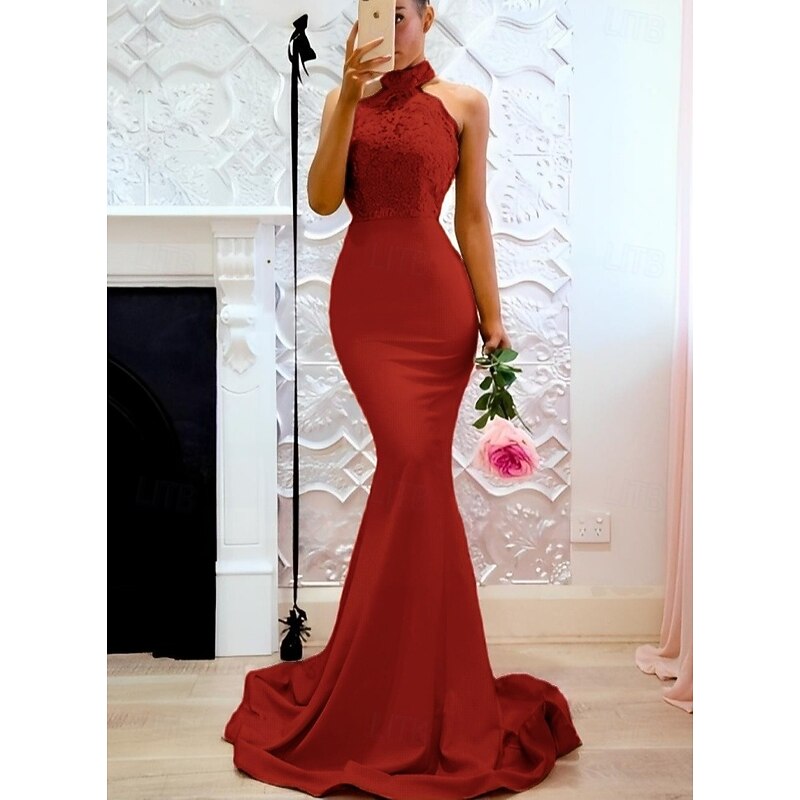 Mermaid / Trumpet Evening Gown Elegant Dress Formal Evening Party Court Train Sleeveless Halter Neck Satin with Buttons Slit4