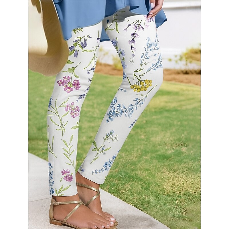Women's Leggings Vacation Vintage Ethnic Style Ankle-Length High Waist Floral Graphic 3D Print Quick Dry Breathability Soft Stretchy Outdoor Home Causal White Yellow Blue Spring Fall Slim Fit