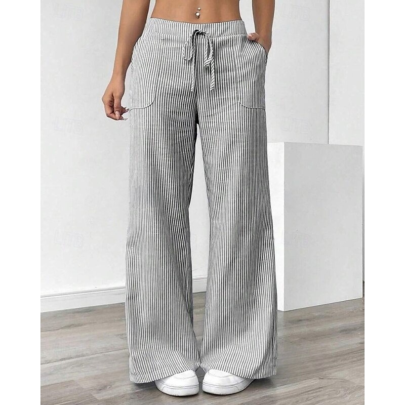 Women's Wide Leg Slacks Streetwear Casual Full Length Natural Striped Pocket Elastic Drawstring Design Outdoor Comfortable Holiday Casual Daily Magenta Light Sky Blue Grey Fall Regular Fit2