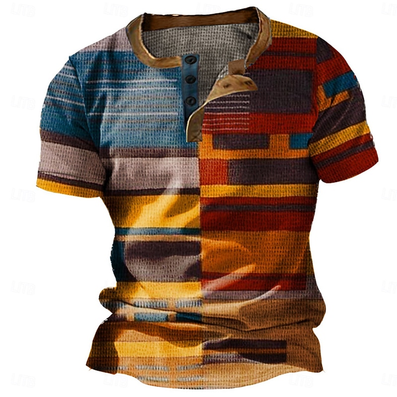 Men's Graphic Color Block Waffle Henley Shirt Short Sleeve 3D Print Fashion Designer Basic Outdoor Daily Summer Yellow Blue Orange Brown Henley Henley T-Shirt
