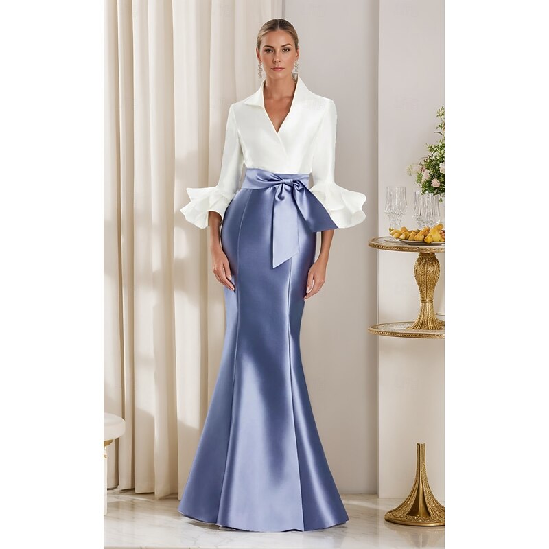 Black and White Mermaid / Trumpet Cocktail Dresses Elegant Gown Formal Wedding Floor Length Long Sleeve Shirt Collar Satin with Bow(s)3