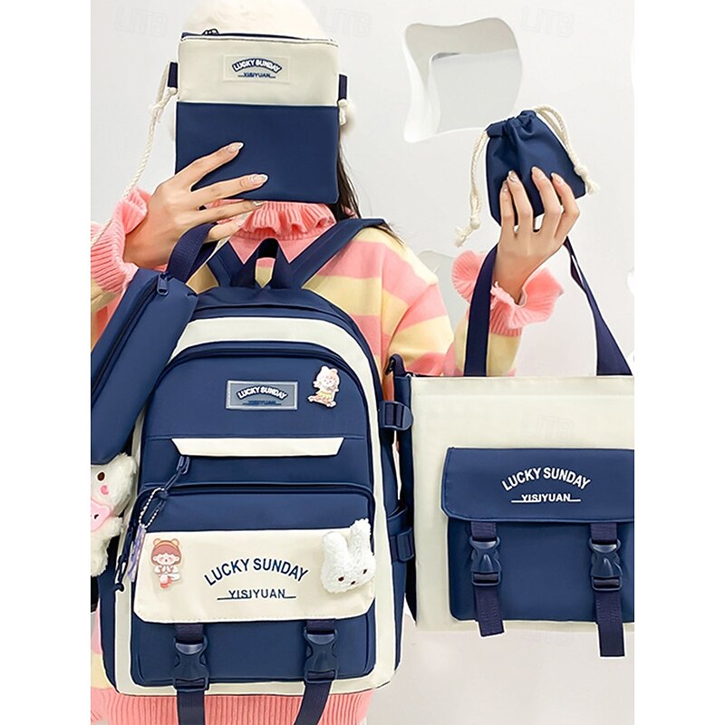 5-in-1 School Backpack Set with Plush Charms, Lightweight nylon, Kawaii Style, For Girls and Teen Students, Ideal for School and Daily Use3