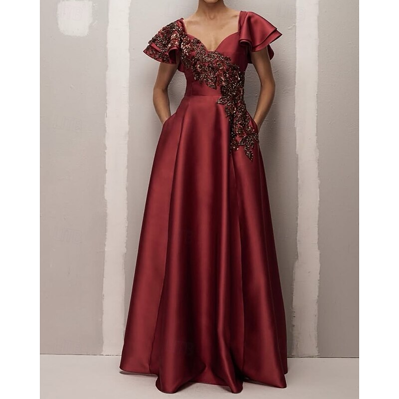Rust A-Line Evening Gown Elegant Dress Formal Wedding Floor Length Ruffle Short Sleeve Satin with Beaded Lace Applique and Pockets