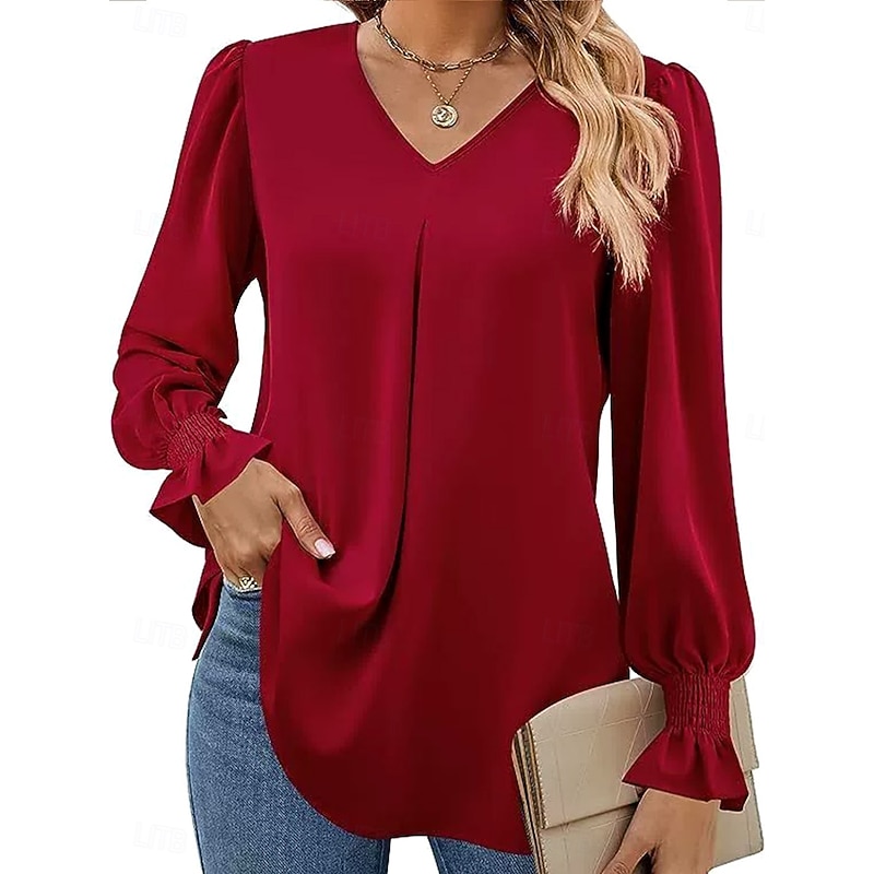 Women's Shirt Solid Color Plain Elegant Stylish Basic Long Sleeve V Neck Notched Neck Regular Tops Work Daily Holiday Ruffle Pink Red Royal Blue Orange Khaki Spring Fall Winter