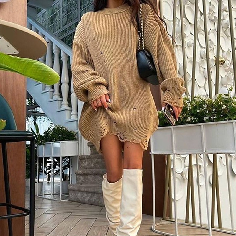 Women's Sweater Pullover Fashion Solid Color Ribbed Crew Neck Hollow Out Knitted Long Sleeve Long Tops Knit Outdoor Daily Holiday Black Fuchsia Fall