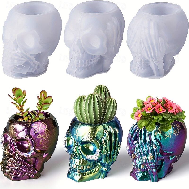 3pcs DTOHO Skull Silicone Resin Molds with Unique Eye Ear & Mouth Designs - Perfect for DIY Crafts & Home Decor Durable Silicone Material Versatile Use for Succulents & Small Plants
