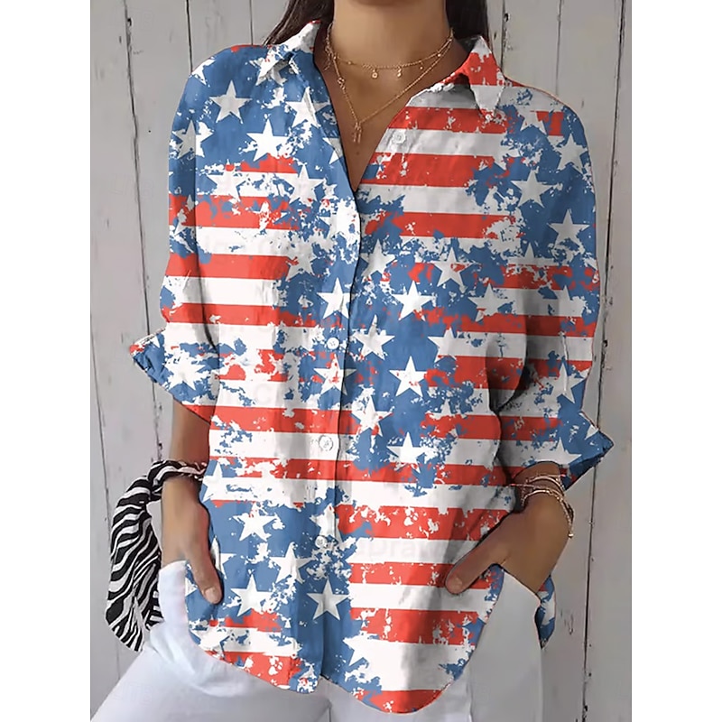 American Independence Day Women's Shirt Button Down Tunic Shirt Collar Long Sleeve Graphic Flag Daily Stylish Casual Regular Tops Daily Holiday s Print Wine Red Blue Spring2