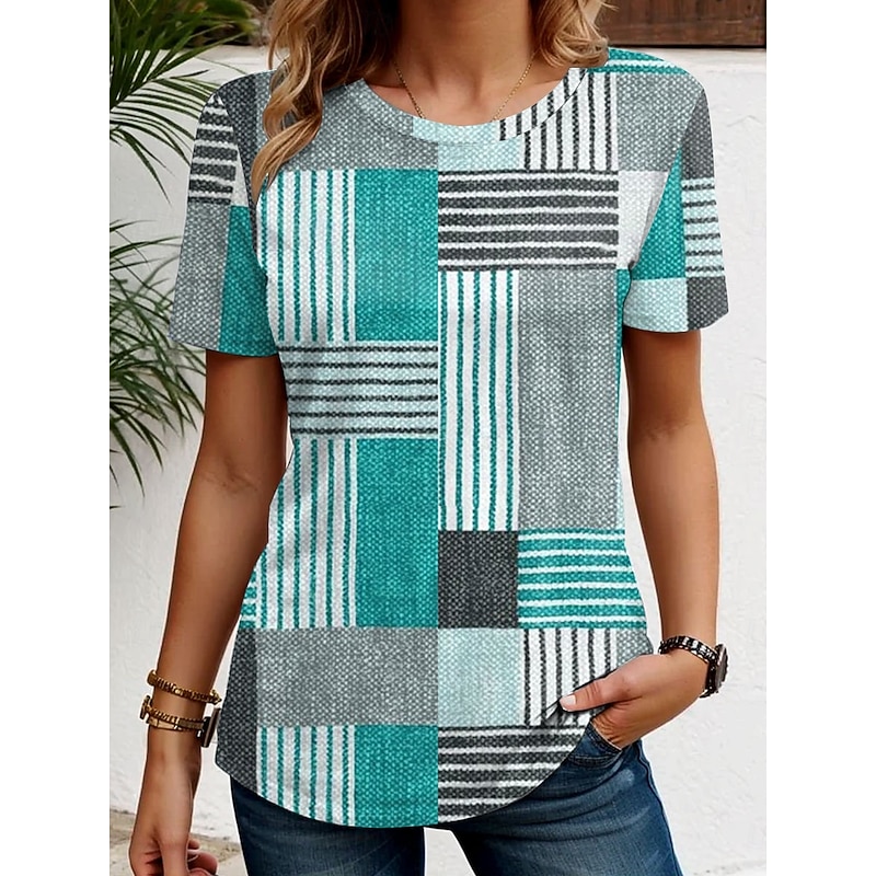 Women's T Shirt Graphic Geometric Vintage Stylish Classic Short Sleeve Crew Neck Regular Tops Daily Weekend Print Red Blue Purple Gray Summer Spring3
