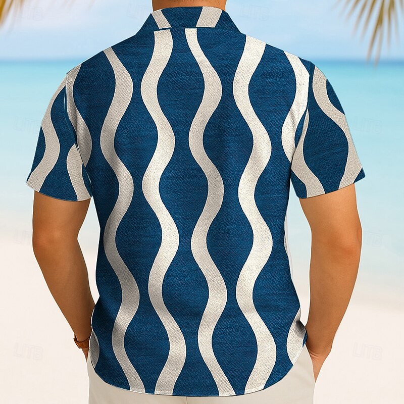 Men's Geometric Waves Shirt Summer Shirt Button Up Shirt Short Sleeve Fashion Casual Outdoor Vacation Dailywear Summer Spring Turndown 3D Print Collared Shirts Wine Green Dark Blue2