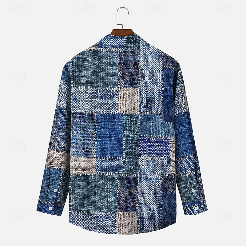 Men's Geometric Color Block Patchwork Shirt Button Up Shirt Long Sleeve Fashion Casual Outdoor Daily Streetwear Spring Fall Turndown 3D Print Front One Pocket Linen Like Shirt Blue2