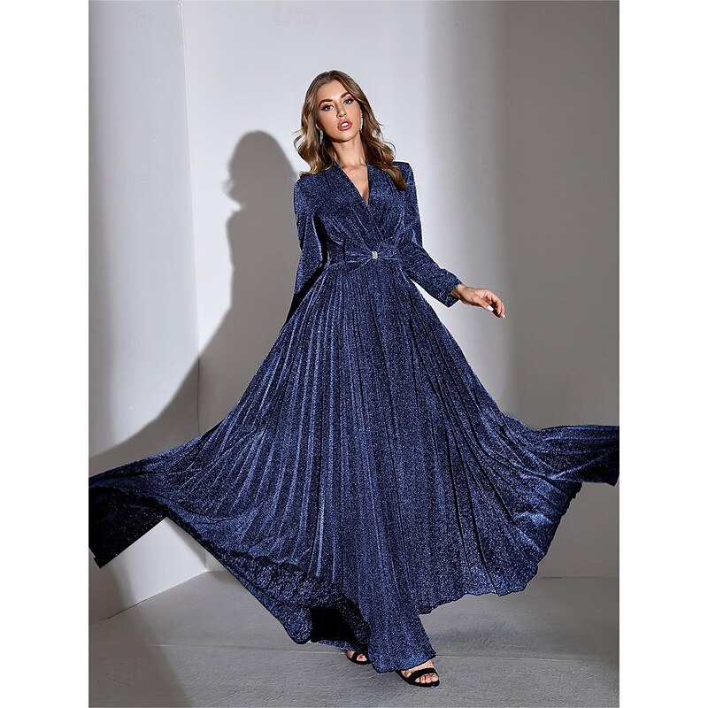 Glitter A-Line Party Dresses Elegant Dress Formal Wedding Floor Length Long Sleeve V Neck Velvet with Pleats3