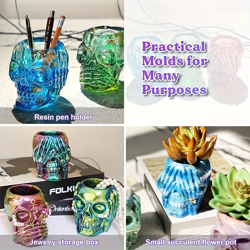3pcs DTOHO Skull Silicone Resin Molds with Unique Eye Ear & Mouth Designs - Perfect for DIY Crafts & Home Decor Durable Silicone Material Versatile Use for Succulents & Small Plants3