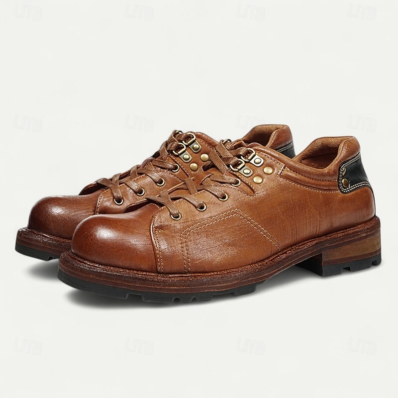 Men's Brown Low-Top Leather Work Shoes with Goodyear Welt and Metal Eyelets – Durable Casual Shoes for Outdoor Jobs and Daily Wear3