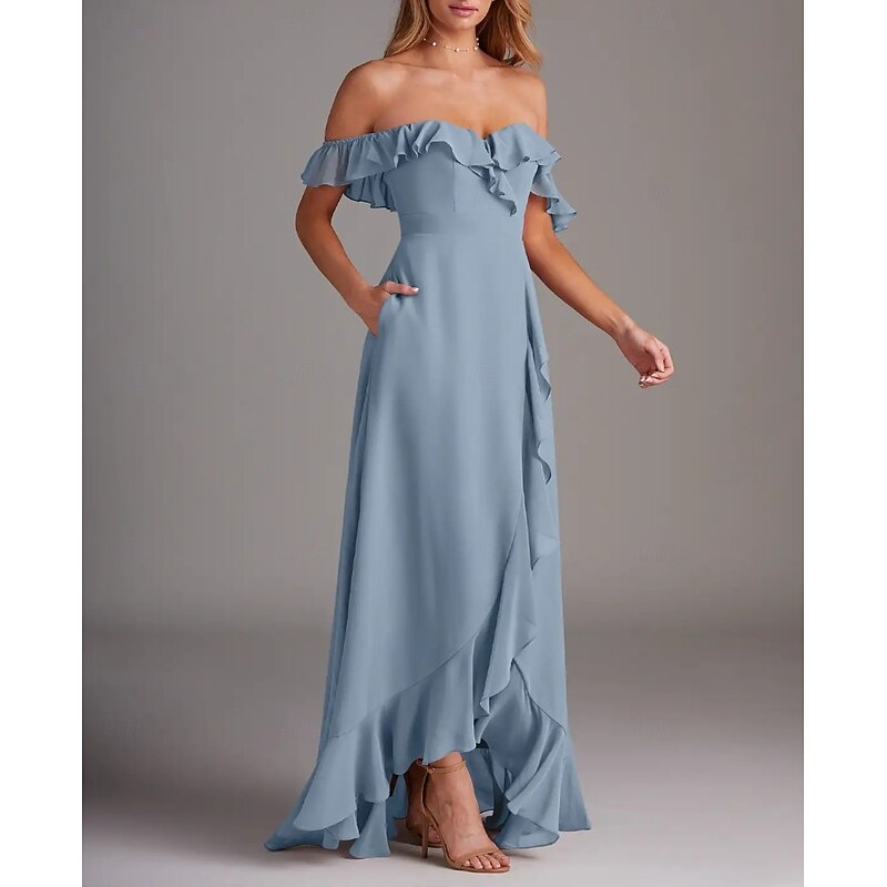 A-Line Bridesmaid Dress Sweetheart Short Sleeve Elegant Asymmetrical Chiffon with Ruffles / Split Front4