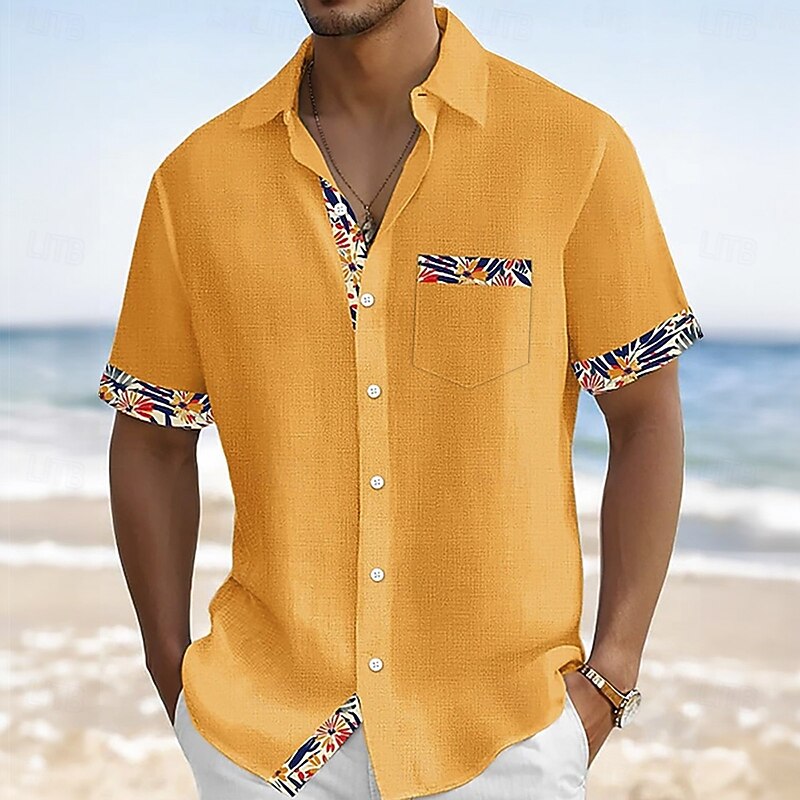 Men's Floral&Plants Flowers Shirt Summer Shirt Button Up Shirt Short Sleeve Fashion Casual Vacation Holiday Streetwear Summer Turndown 3D Print Front One Pocket Linen Like Shirt Black White Orange4