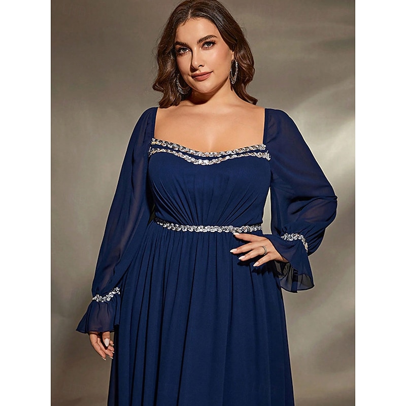 A-Line Evening Gown Elegant Dress Formal Wedding Floor Length Long Sleeve Square Neck Chiffon with Pleats2