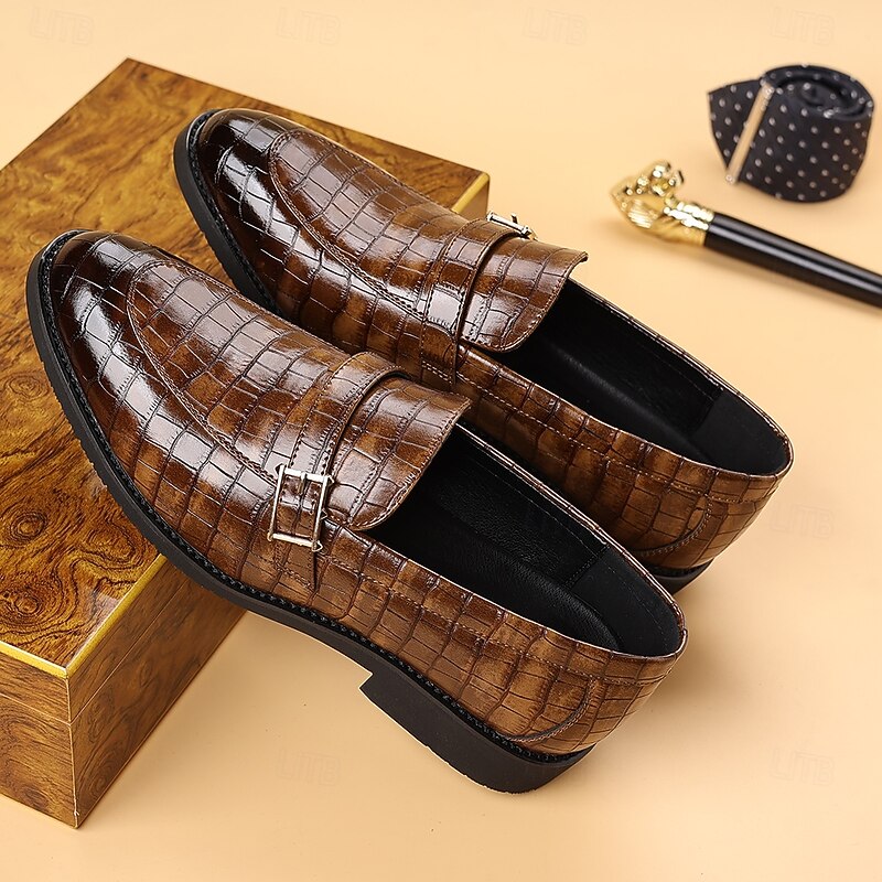 Men's Dark Brown Faux Leather Crocodile Pattern Loafers – Slip-On Business Casual Shoes for Office & Dinner Parties4