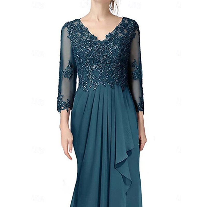 A-Line Mother of the Bride Dress Elegant V Neck Floor Length Chiffon 3/4 Length Sleeve with Pleats3