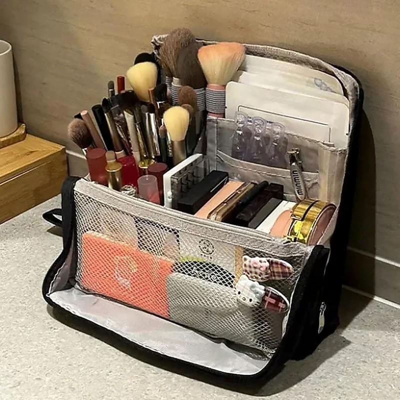 Standing Makeup Bag, Waterproof Large Capacity Toiletry Bag with Compartments, Portable Travel Cosmetic Organizer, Multi-Purpose Pencil & Makeup Storage Case3