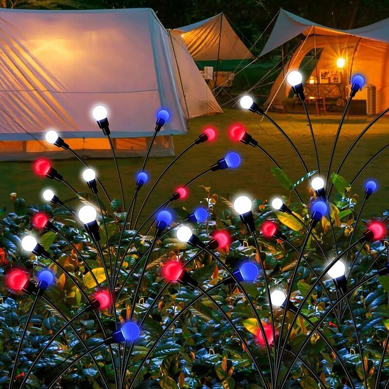 2 Pcs 12 Heads Outdoor Solar Firefly Lights Waterproof Red,  Independence Day White, Blue  July 4thCourtyard Garden Lawn Path Party Patriotic Atmosphere Decorative Light4