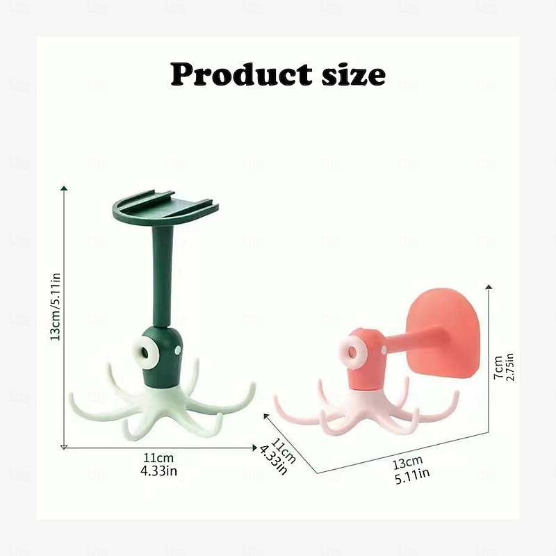 2-Pack 360° Rotating Octopus Hooks, No-Drill Wall & Ceiling Mounted Kitchen Storage Rack, Adhesive Hanging Organizer for Utensils & Tools3