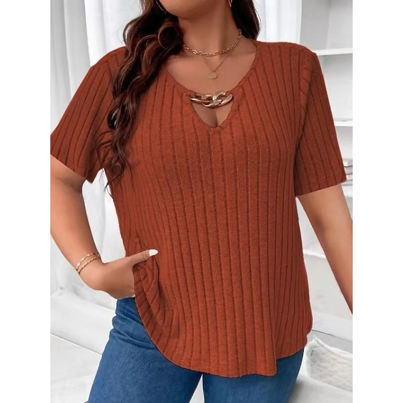 Women's Plus Size Tops T Shirt Solid Color Patchwork Short Sleeve V Neck Fashion Streetwear Casual Daily Weekend Knit Summer Royal Blue Brown3