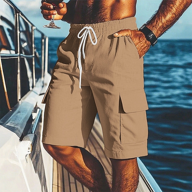Men's Shorts Linen Shorts Summer Shorts Beach Shorts Drawstring Elastic Waist Multiple Pockets Plain Comfort Breathable Short Vacation Holiday Beach Hawaiian Boho Black White2