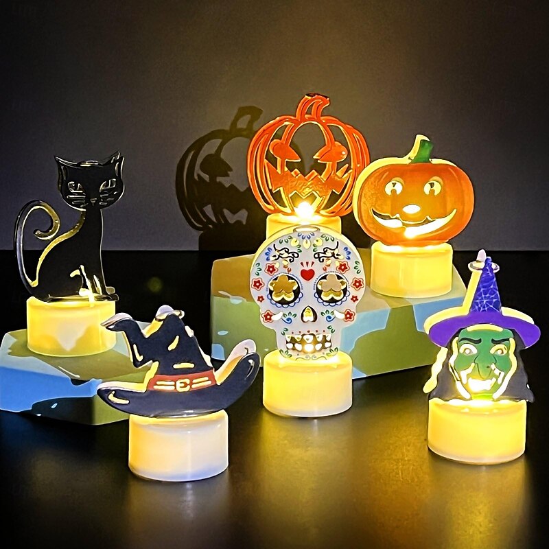 6 Pcs/1set Halloween LED Candle lights Decorative Pumpkin Witch Black Cat Skull Witch Hat Indoor Festival Party Restaurant Halloween Atmosphere Decorative Lights