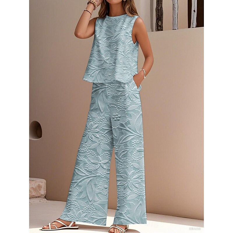 Women's Elegant Fashion Streetwear Two Piece Sets Blouse Vest Pants Trousers Sleeveless Crew Neck Outdoor Work Casual Floral Print Vacation Daily Holiday Pink Blue Green Summer Regular Fit2