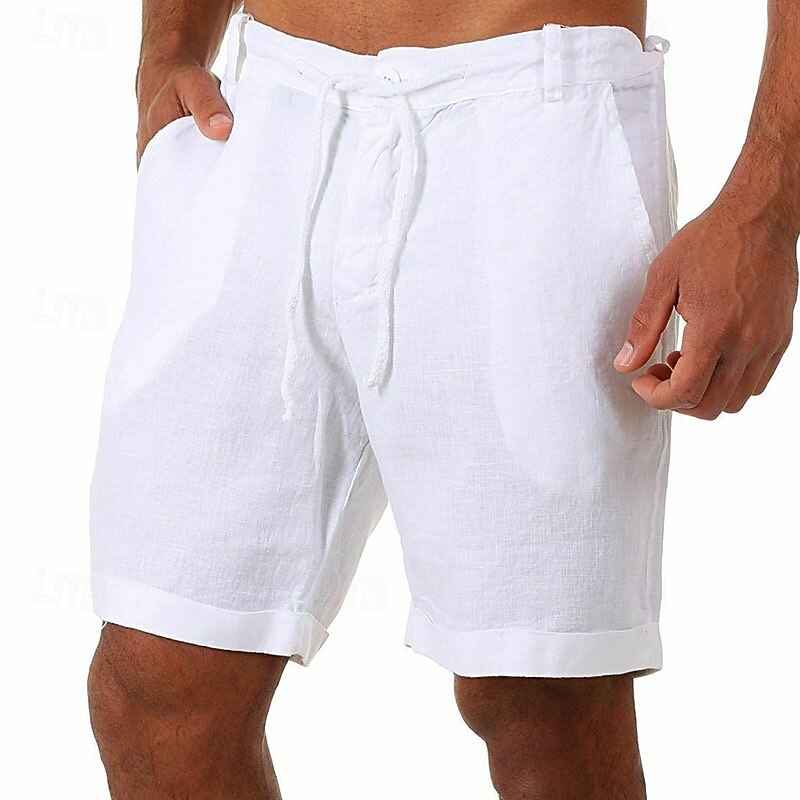 Men's Shorts Linen Shorts Summer Shorts Beach Shorts Drawstring Straight Leg Plain Breathable Knee Length Casual Daily Holiday Fashion Classic Style Black White3