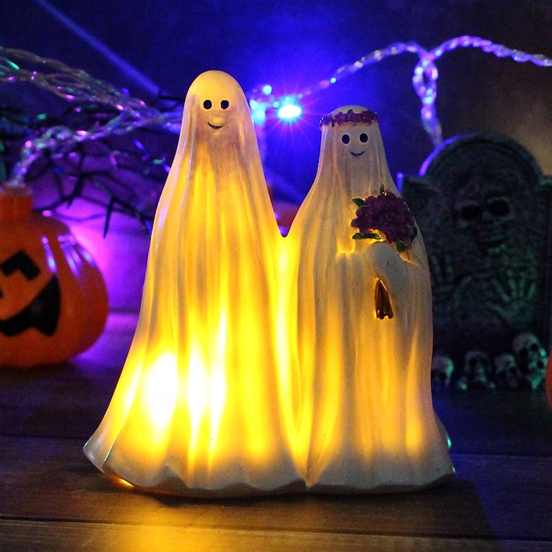 Halloween Resin LED Ghost Figurine with Lights, Bride and Groom Ghost Skeleton Decoration, Spooky Haunted Party Ornament for Halloween Festival