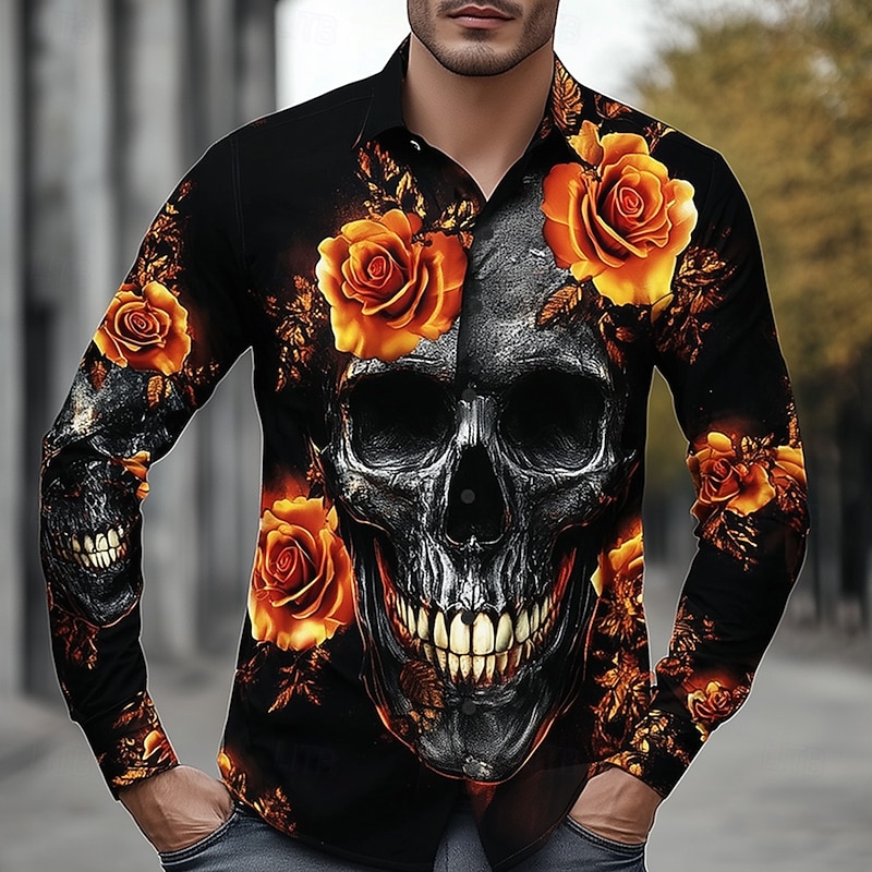 Men's Skull Day of the Dead Rose Shirt Button Up Shirt Casual Dress Shirt Long Sleeve Dark Gothic Style Vacation Daily Streetwear Summer Spring Turndown 3D Print Collared Shirts Black 1 Black2