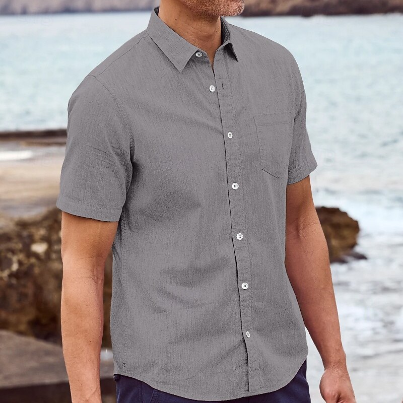 Men's Shirt Linen Shirt Summer Shirt Beach Wear Button Up Shirt Solid Color Vacation Casual White Blue Khaki Gray Short Sleeve Turndown Spring & Summer Clothing Apparel Pocket4