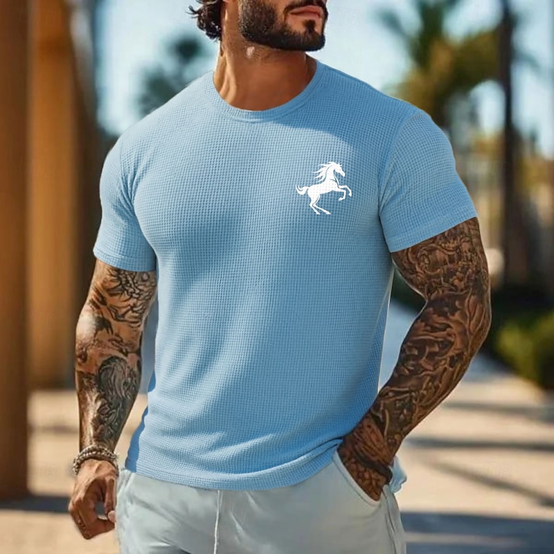 Men's Horse Waffle Shirt Short Sleeve T shirt 3D Print Crew Neck Shirt Vacation Tropical Daily Vacation Casual Daily Light Blue Light Green Pink Summer Spring Clothing Apparel S M L XL XXL XXXL