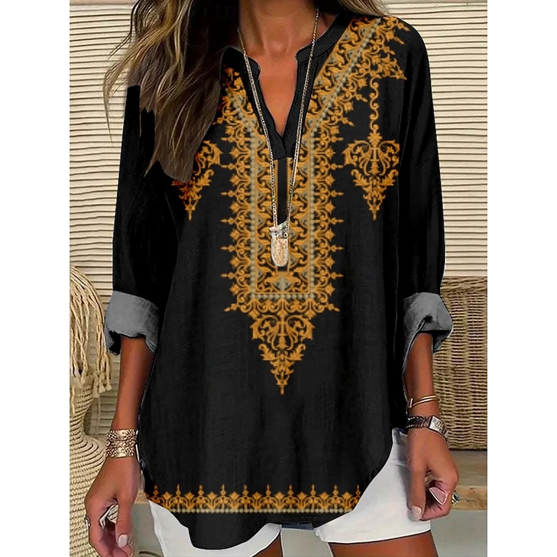 Women's Blouse Floral Stylish Modern Long Sleeve V Neck Regular Tops Daily Holiday Print Black White Gold Green Summer