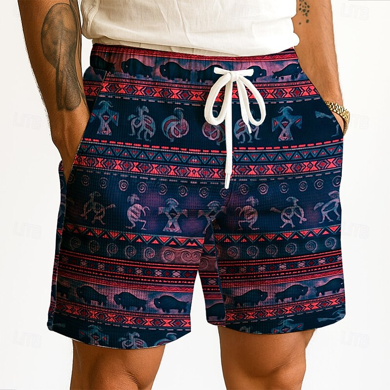 Men's Indian Ethnic Kokopelli Waffle Shorts Sweat Shorts Casual Shorts Mid Waist Retro Vintage Vacation Jogging Workout Elastic Drawstring Waist Shorts with Pockets Designer Clothing Apparel3