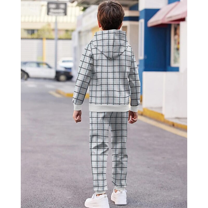 Boys' 3D Plaid Hoodie & Sweatpants Set Sports Suit Tracksuits Long Sleeve Spring Fall Daily Basic Casual Kids 4-12 Years Hooded Outdoor Vacation Sports Tailored Fit3
