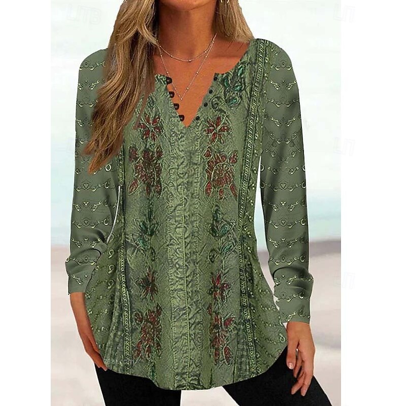 Women's Tunic Shirt Henley Shirt Blouse Tunic Basic Floral Buttons Print Long Sleeve Regular Tops Round Neck Casual Holiday Yellow Pink Green Gray Light Blue Spring & Fall Prefall