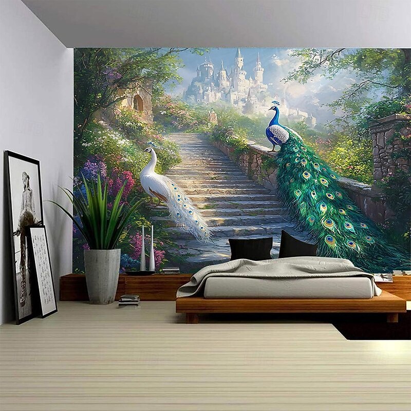 Beautiful Flowers Peacock Castle Architectural Landscape Hanging Tapestry Mural Art Large Tapestry Mural Decoration Photos Background Carpet Curtains Home Bedroom Living Room Decoration3