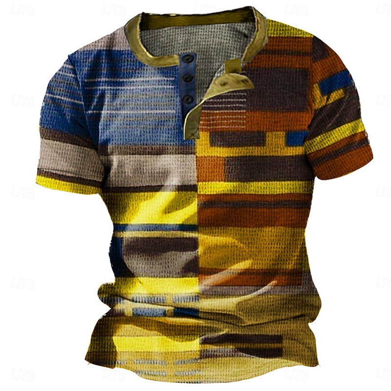 Men's Graphic Color Block Waffle Henley Shirt Short Sleeve 3D Print Fashion Designer Basic Outdoor Daily Summer Yellow Blue Orange Brown Henley Henley T-Shirt3