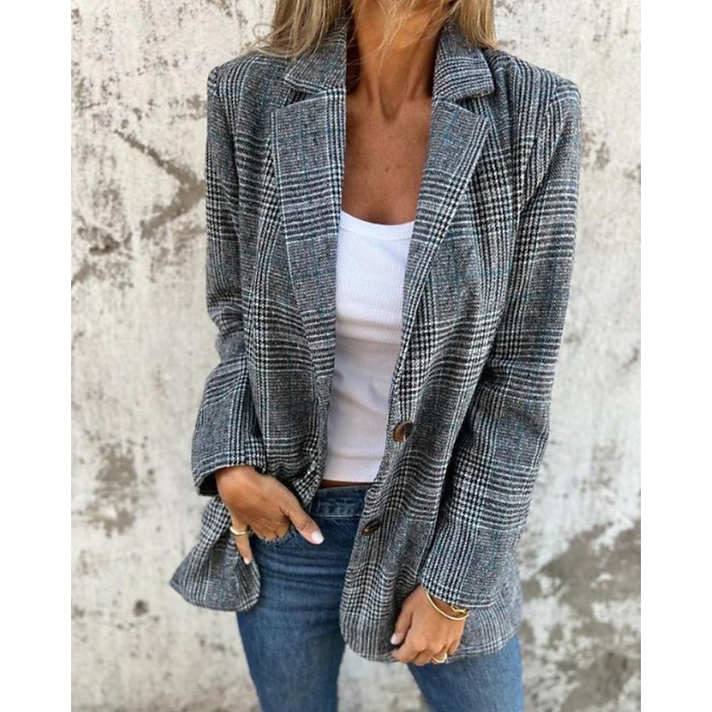 Women's Blazer Comfortable Pocket Fashion Houndstooth Work Street Single Breasted Regular Turndown Regular Fit Long Sleeve Outerwear Brown Gray Fall Winter3
