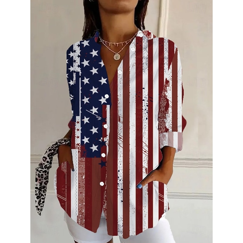 Women's Patriotic Shirt Graphic Flag Vintage Tropical Stylish Regular Tops Work Daily s Print Black White Red Light Blue Fall