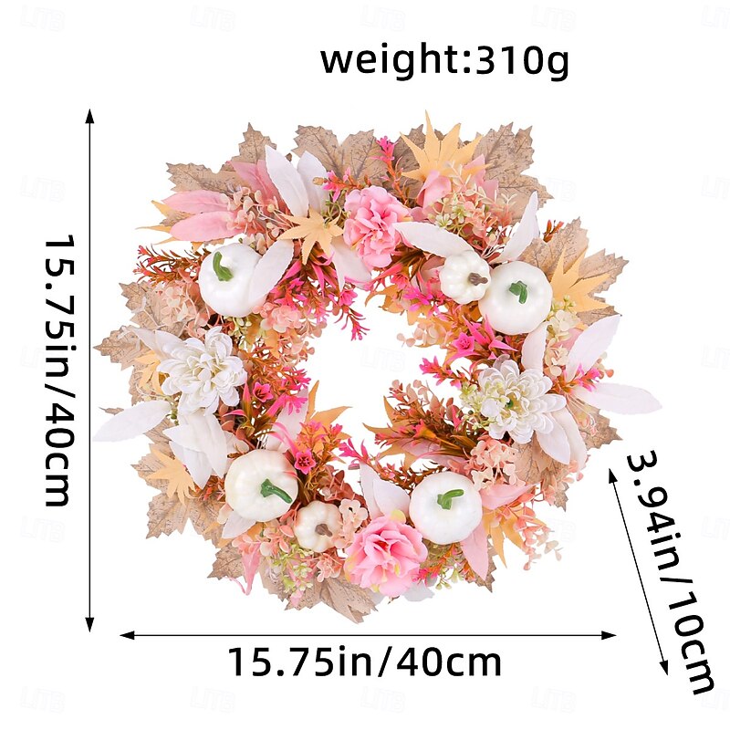 Fall Pink Wreath for Front Door Thanksgiving Autumn Harvest Indoor Outdoor Decoration, Pink and White Pumpkin Artificial Grapevine Wreath Window Hanging Decor3
