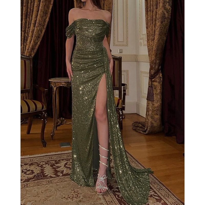 Black Tie Mermaid / Trumpet Glitter Evening Gown Elegant Dress Formal Wedding Sweep / Brush Train Short Sleeve Off Shoulder Stretch Sequined with Drapes and Slit4