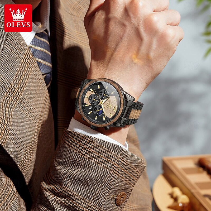 OLEVS 3645 Mens Watch Top Brand Business Original Quartz Watch Solid Wood Multifunctional Chronograph Moon Phase Watch4