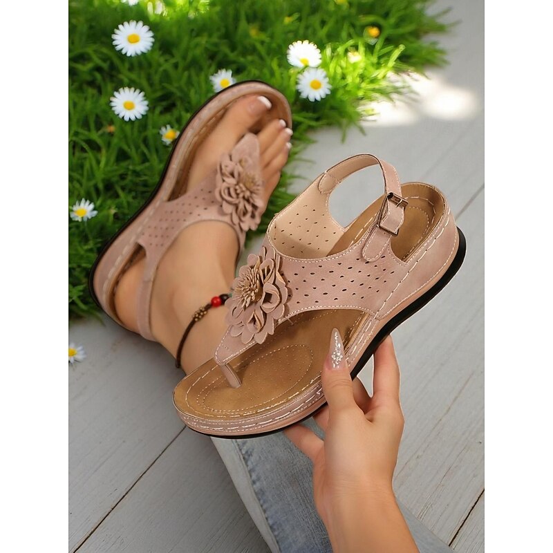 Women's Floral Embellished Comfort Sandals – Soft Sole Casual T-Strap Sandals for Ladies, Great for Garden Walks, Picnics and Daily Errands3