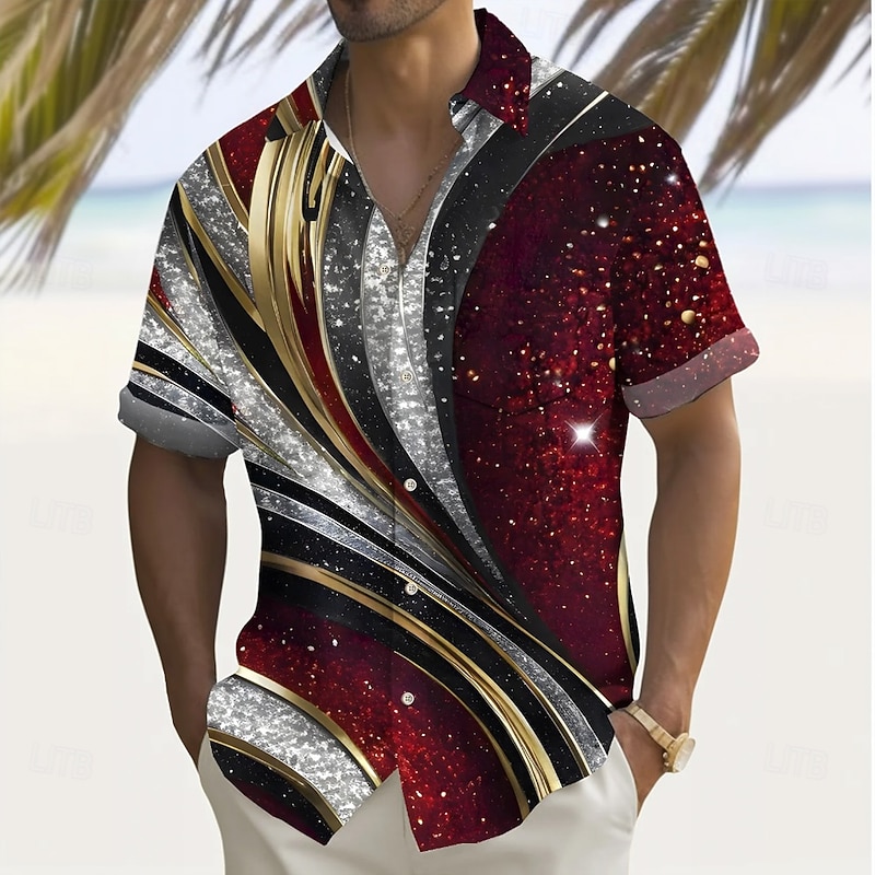 Men's Geometric Glitter Shine Line Shirt Summer Shirt Button Up Shirt Short Sleeve Fashion Casual Outdoor Vacation Dailywear Summer Spring Turndown 3D Print Collared Shirts Front One Pocket Wine