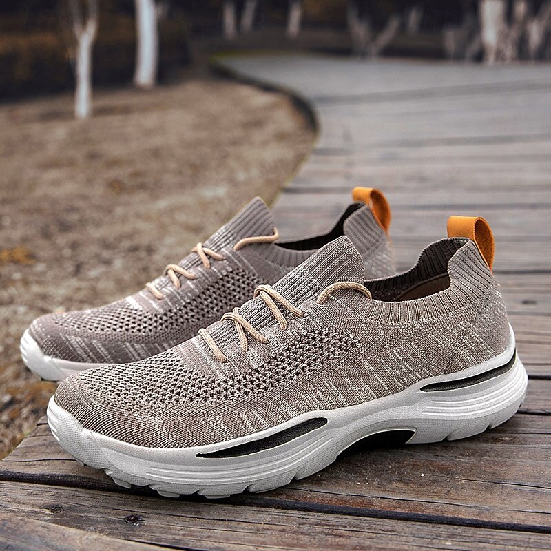 Men's Beige Flyknit Running Sneakers Slip-On Athletic Shoes with Cushioned Sole Perfect for Outdoor Fitness Light Exercise and All-Day Comfort3