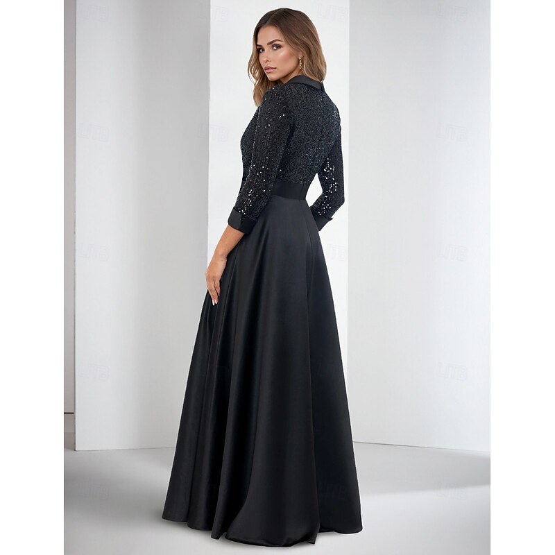Tuxedo Dress A-Line Formal Wedding Party Satin Glitter Elegant Color Block 3/4 Length Sleeve Floor Length Notched Lapels4